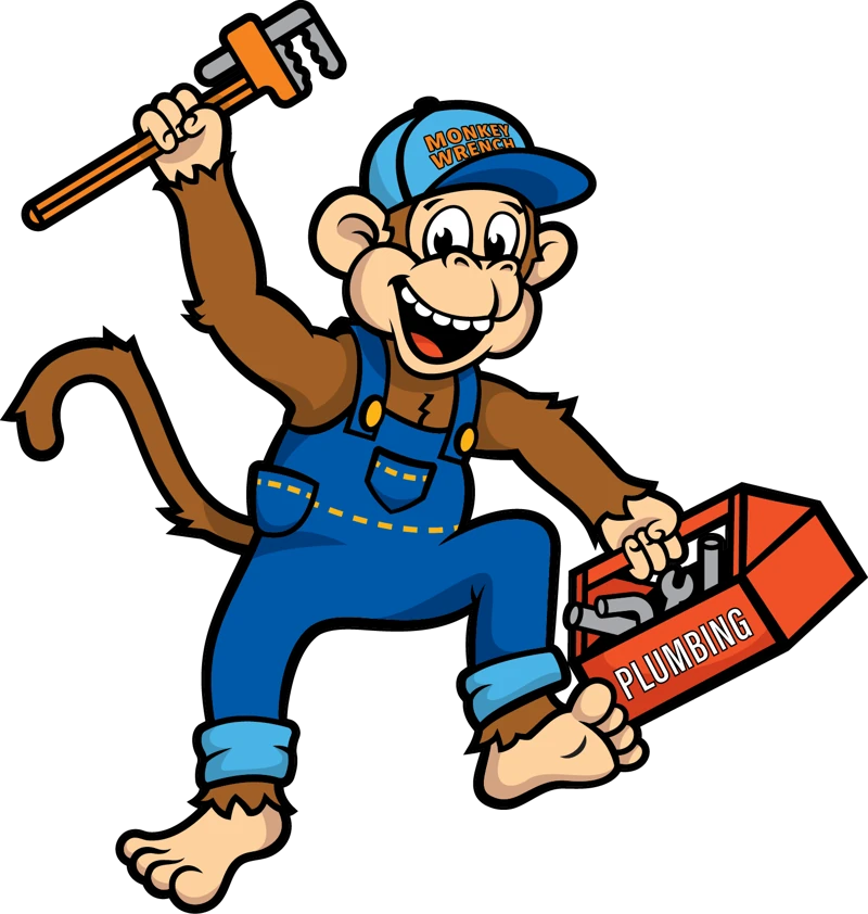 The Monkey Wrench plumber mascot holding a pipe wrench and toolbox